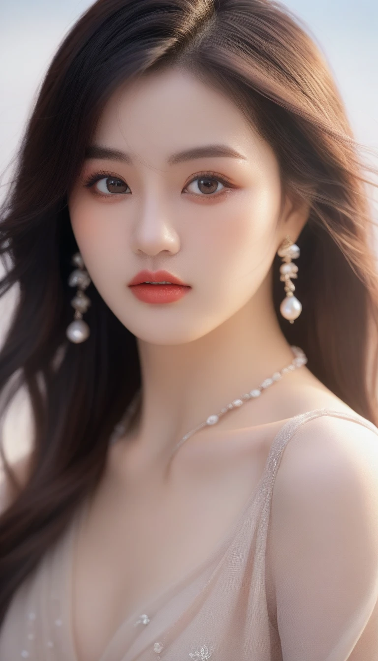 a close up of a woman with long hair wearing a beige dress, with long hair and piercing eyes, realistic. cheng yi, ig model | artgerm, 8k artgerm bokeh, 🤤 girl portrait, by Zhang Han, beautiful anime portrait, trending on cgstation, beautiful girl model, by Yang J, soft portrait shot 8 k, by Li Song