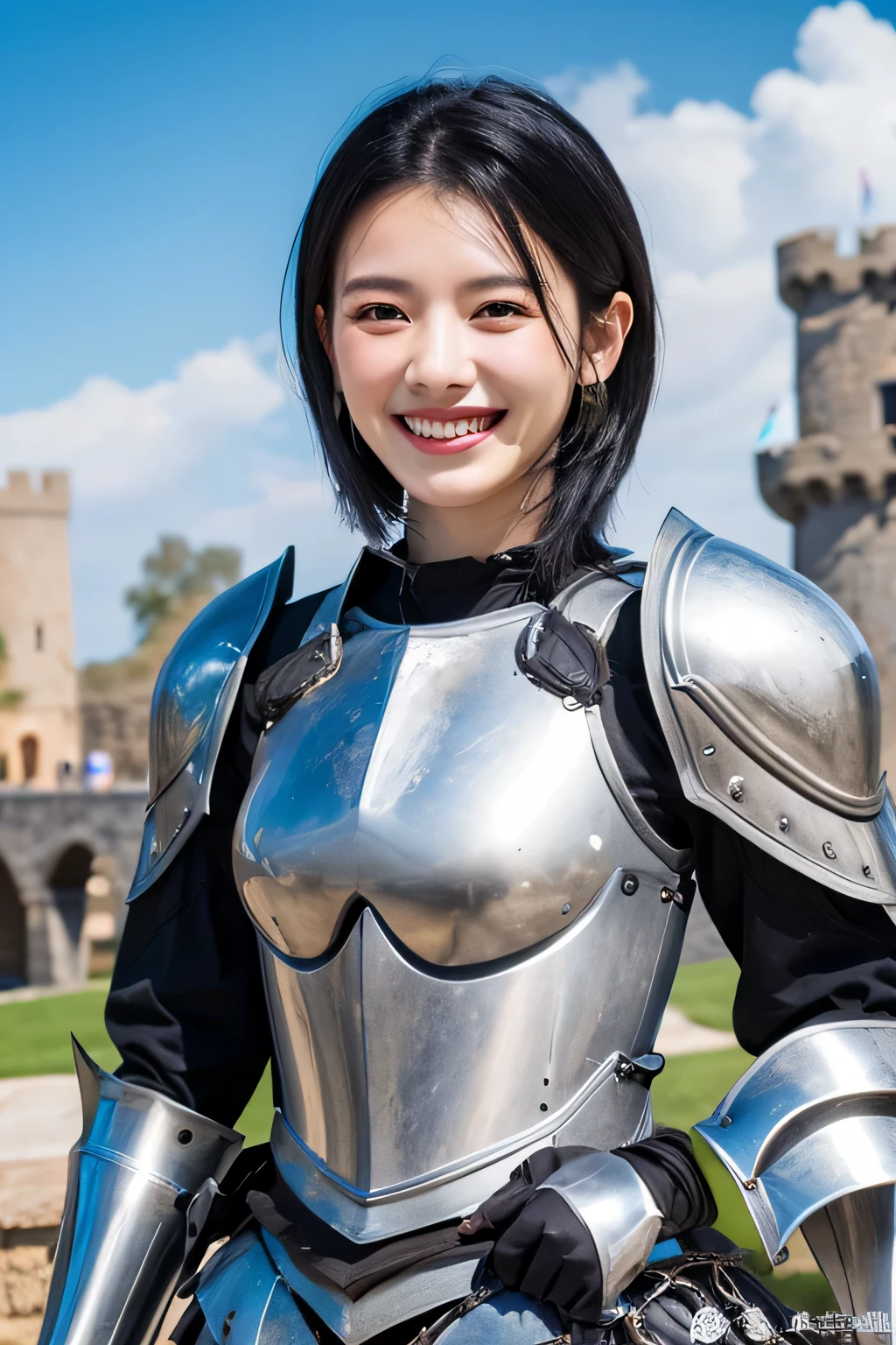 8K、highest quality、female knight、The background is a castle、Luxurious Silver Armor、heavy equipment、black hair、hairstyle shortcut、smile、beautiful teeth、full body photo、ear piercing