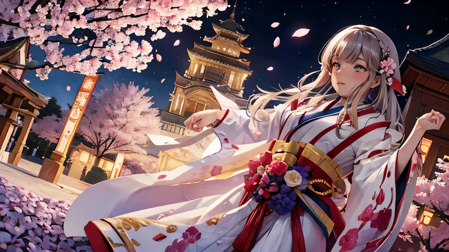 A shrine maiden in a white and red costume dances in the moonlight amidst the {{{blooming cherry blossoms}}} at night. highly detailed. artgerm.