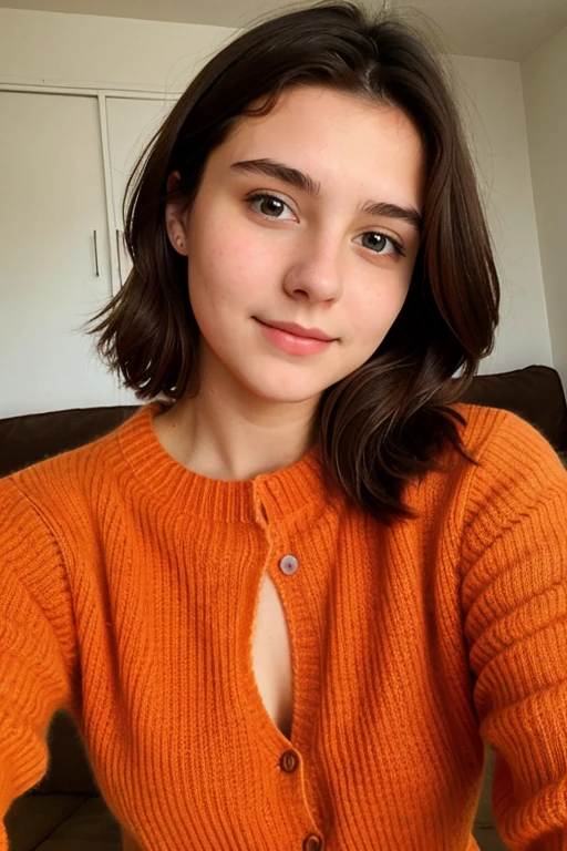 16 year old German girl with short dark brown hair, blauen Augen, and medium breasts is wearing a long orange sweater (selfie)