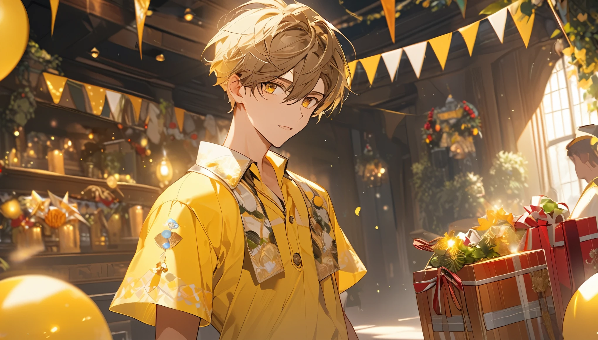 (masterpiece, Super details, high detail, best quality, 8K,best quality,high resolution,Exquisite light and shadow)A young man wearing a yellow delivery boy's costume stands at a gorgeously decorated engagement venue,Surrounded by a festive atmosphere,Determination and strategy flashed in his eyes。