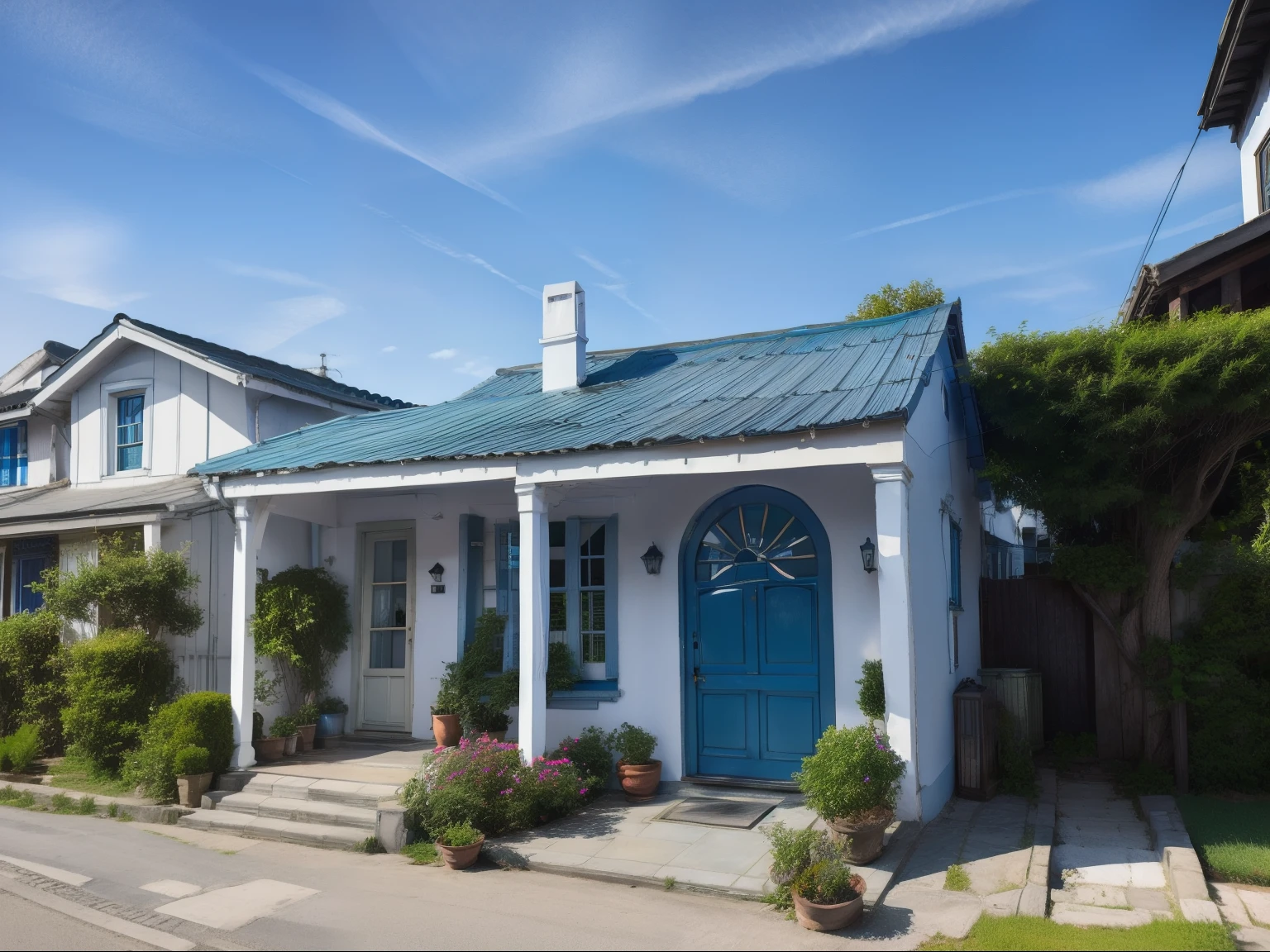 there is a small white house with a blue door and a green roof, frontview, old house, front side, old building, taken with sony alpha 9, outside view, one house, front view, view from front, front-view, exterior view, deep image, centre image, village house, view from side, clean image