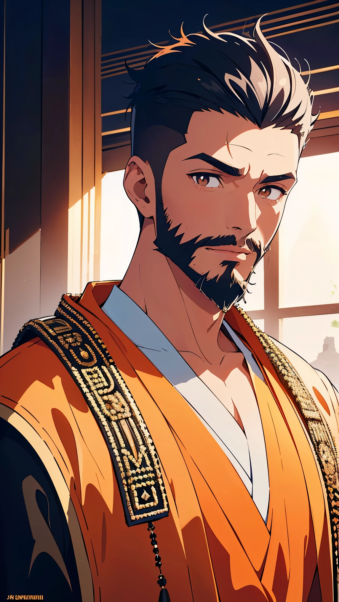 Anime,Arabic man1,male,(black skin),(black hair,High top fade haircut, Stubble Beard,light brown eyes),(They wear orang royal arabic robes for men),Highly detailed CG,8K wallpapers،Highest quality, high resolution, beautiful lighting, realistic shadow, high resolution,highly detailed, detailed face and eyes, realistic eyes
