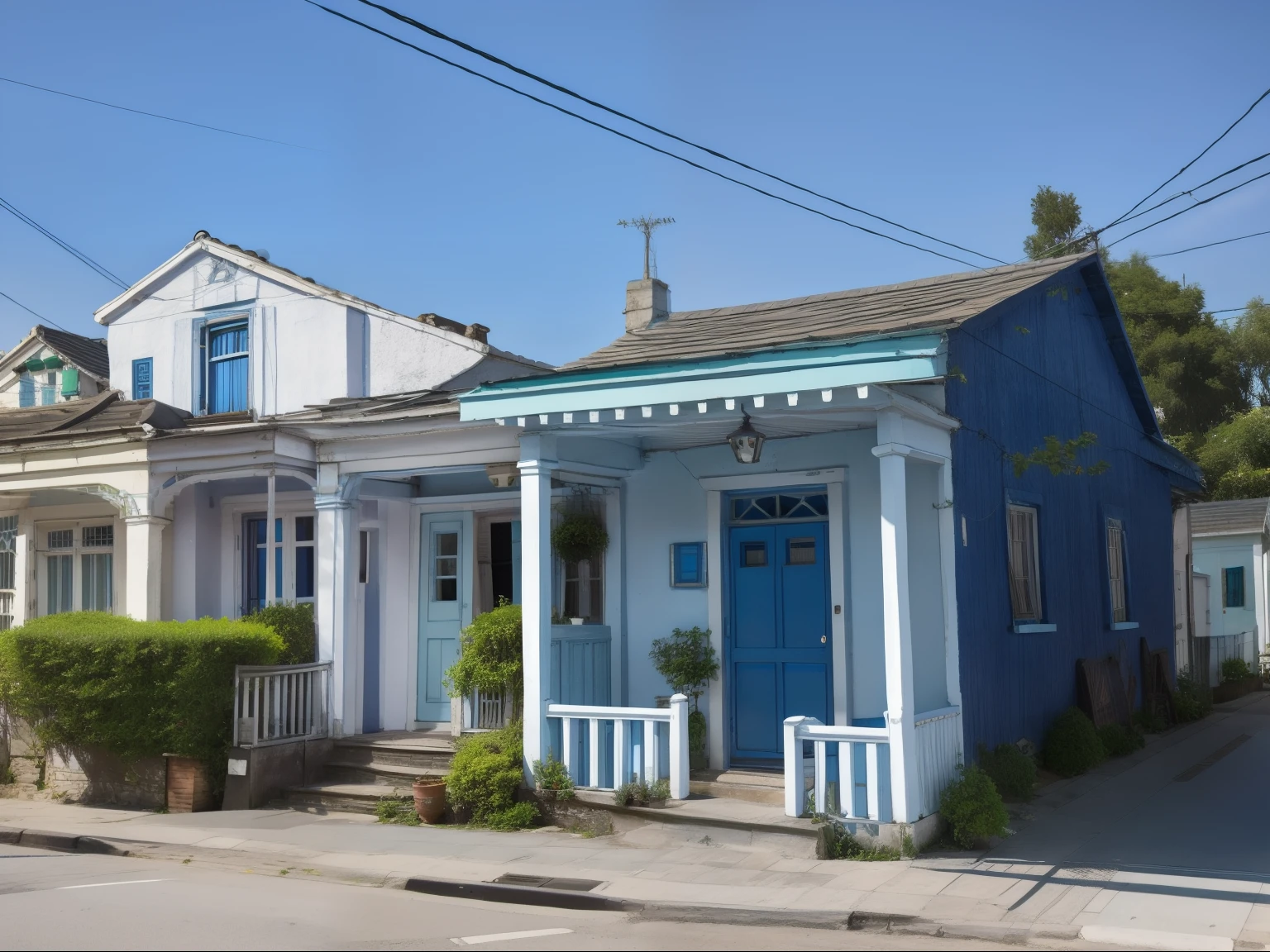 there is a small white house with a blue door and a green roof, frontview, old house, front side, old building, taken with sony alpha 9, outside view, one house, front view, view from front, front-view, exterior view, deep image, centre image, village house, view from side, clean image