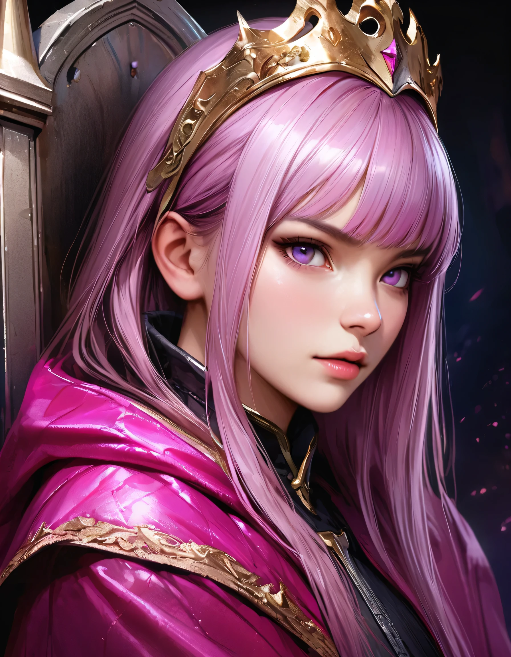 best quality,ultra-detailed,realistic:1.37,portrait, pink purple-haired girl,throne chair,metallic shine,Knight's symbol,tiara