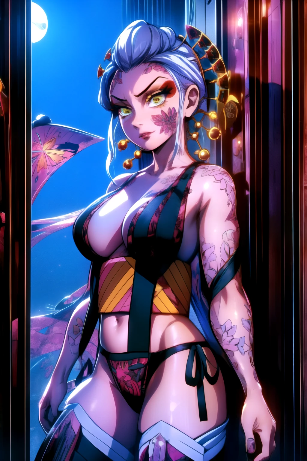 (best quality:1.2), 1girl, (masterpiece:1.2), raytracing, cute face, perfect face, ultra detailed,detailed face, 8k wallpaper, wide hips, DakiDM_NDV, 1girl, demon eyes, yellow eyes, white hair, japanese clothes, hair ornament, facial mark, thighhighs, makeup, side-tie panties, sideboob,cowboy shot,background old town ,night time ,moon,neon lights