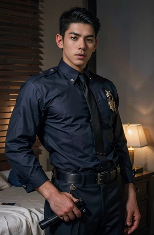 1 young handsome guy，20-25 years old，police officers，Interpol，Police Department，With a gun，Handsome，musculous，Thin muscles，hairy bodies，Police uniform（Fine eye 1：3），Black eyes，full bodyesbian，full bodyesbian ，epic realism, epic photorealistic ， puffy nipples , swollen nipples