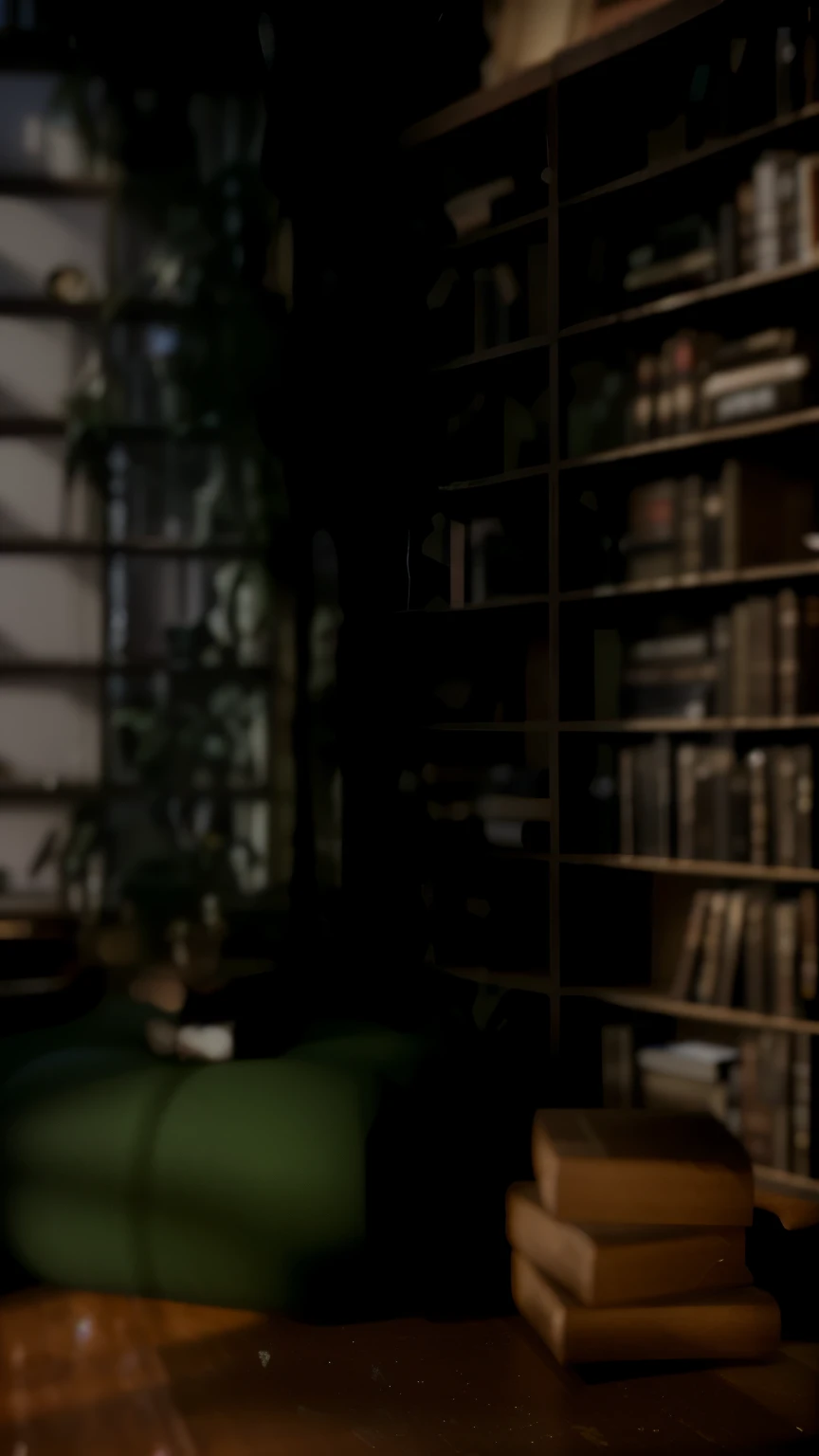 There is a cat sitting on a chair in the room, alchemist library background, library background, tilt shift library background, blurry background of the library, library interior background, gloomy library, dusty library, personal room background, magical library bokeh, in a gloomy library, some background blur, Realistic cinematic rendering, dark library, Detailed architectural visualization renderings, background = library