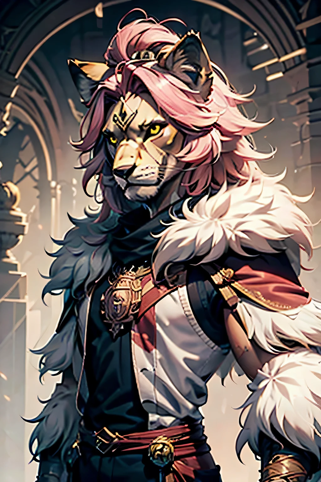 Draw an avatar，This is a front view of the Lion King，The hair is pink，Looks mighty and a little cute