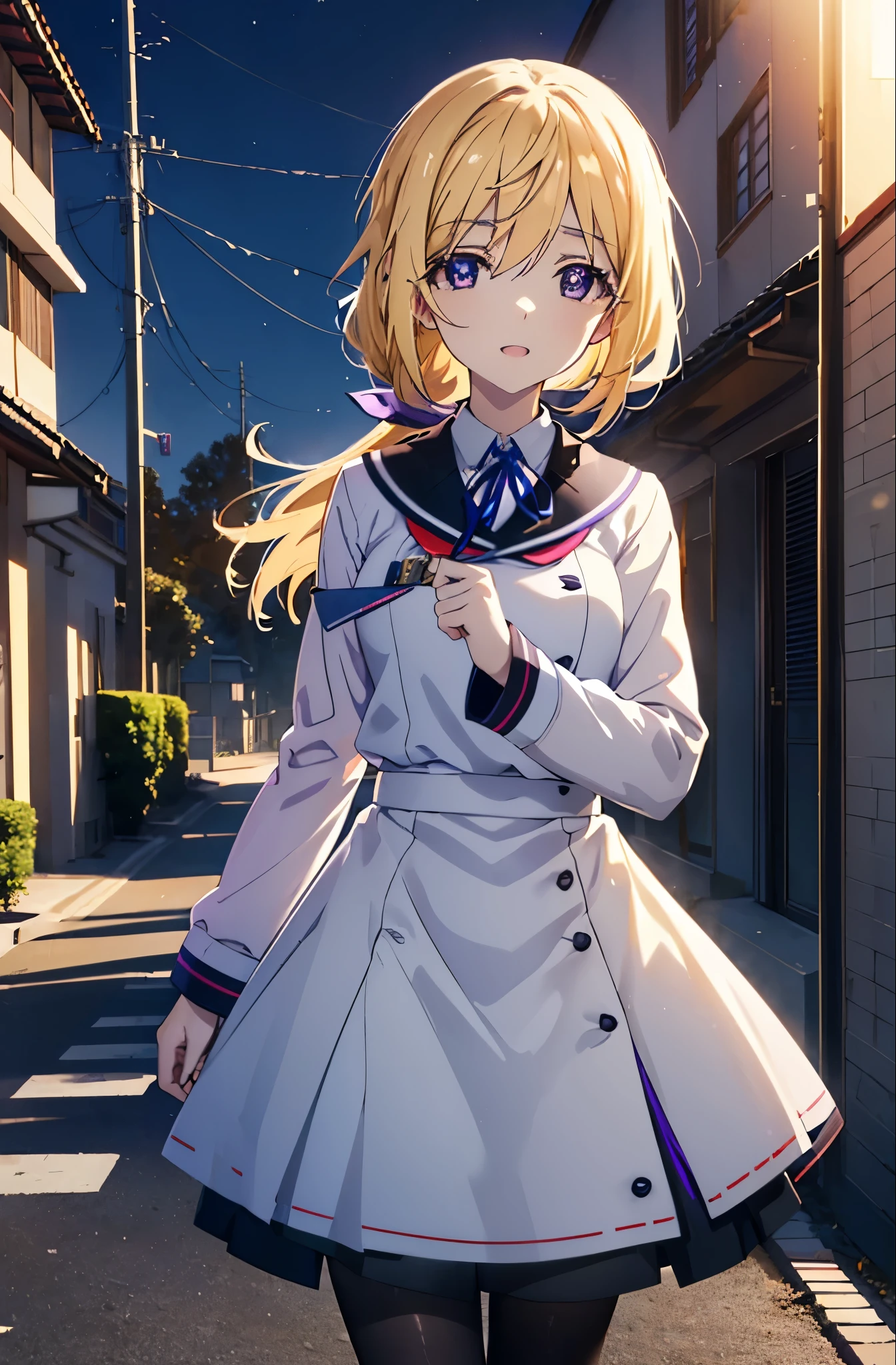 charlotte denois, Charlotte Dunois, long hair, blonde hair, ribbon, (purple eyes:1.1), ponytail,happy smile, smile, open your mouth, break , japanese high school girl uniform(black sailor suit),black pleated skirt,white pantyhose,brown loafers,walk,sunset,evening,the sun goes down, break putdoors, city,building street, break looking at viewer, (cowboy shot:1.5), break (masterpiece:1.2), highest quality, High resolution, unity 8k wallpaper, (shape:0.8), (fine and beautiful eyes:1.6), highly detailed face, perfect lighting, Very detailed CG, (perfect hands, perfect anatomy),