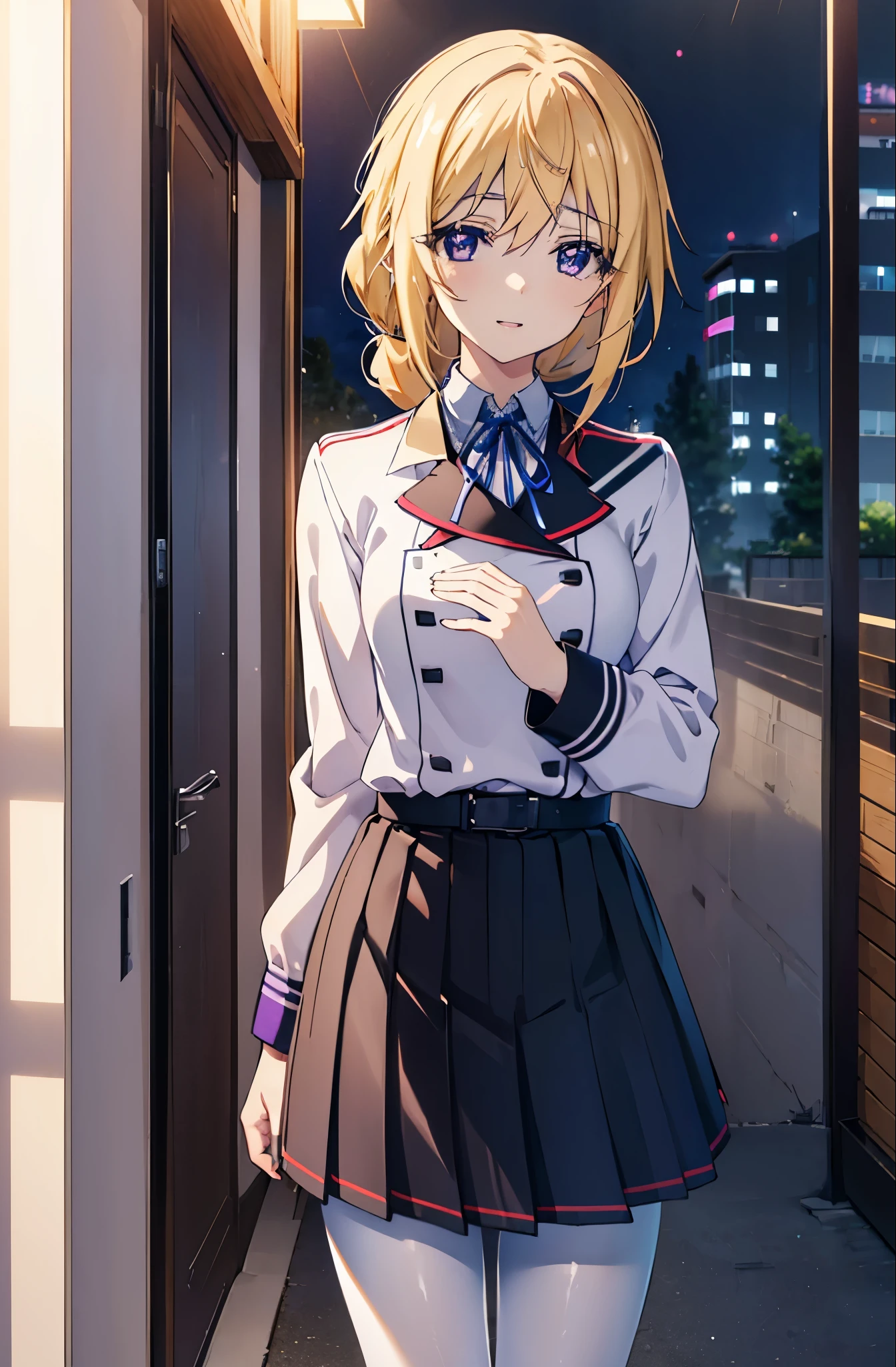 charlotte denois, Charlotte Dunois, long hair, blonde hair, ribbon, (purple eyes:1.1), ponytail,happy smile, smile, open your mouth, break , japanese high school girl uniform(black sailor suit),black pleated skirt,white pantyhose,brown loafers,walk,sunset,evening,the sun goes down, break putdoors, city,building street, break looking at viewer, (cowboy shot:1.5), break (masterpiece:1.2), highest quality, High resolution, unity 8k wallpaper, (shape:0.8), (fine and beautiful eyes:1.6), highly detailed face, perfect lighting, Very detailed CG, (perfect hands, perfect anatomy),