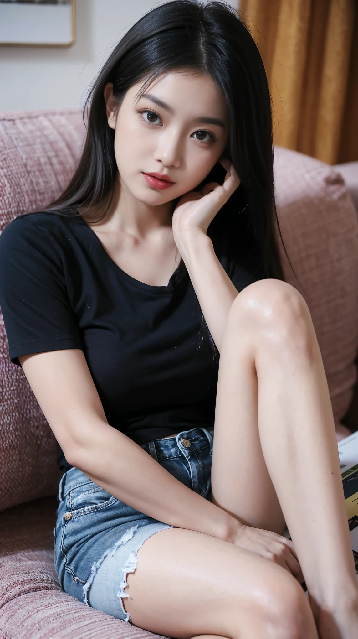 masterpiece:2.0，best quality,  perfect face，Look sideways at the camera，long black hair，She wears purple short sleeves，Wear denim shorts，big ，Sitting on the sofa，pink lipstick