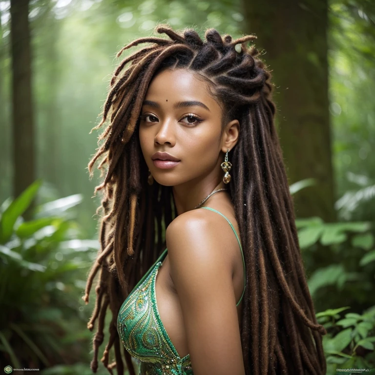 The picture depicts a stunning forest dweller with magnificent, untamed dreadlocks. She exudes an enchanting aura with her raw and alluring presence. Her hair cascades in wild, voluminous waves, creating a mesmerizing spectacle. This work of art is truly a masterpiece, showcasing the best quality in every intricate detail. The image is crafted with an astounding level of precision, capturing every strand of hair and the unique texture of her dreadlocks. It is an unbelievably realistic portrayal, with shiny skin reflecting the dappled sunlight filtering through the lush foliage. The seductive pose she strikes accentuates her captivating beauty, leaving viewers in awe. This piece is presented in an extraordinary 8K resolution, making it perfect as an incredible,