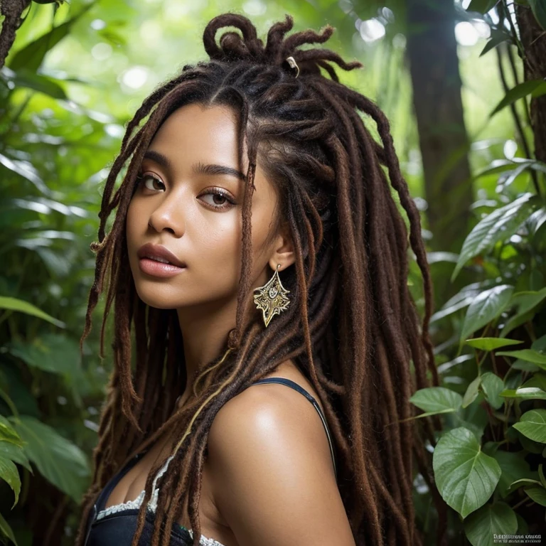 (Zendaya:Halle Berry) totally naked nigerian chaman, (high top fade haircut and dreads) tribal tattoo in the face, (golden rings necklace), Lovecraft atmosphere, masterpiece, hyperdetailed