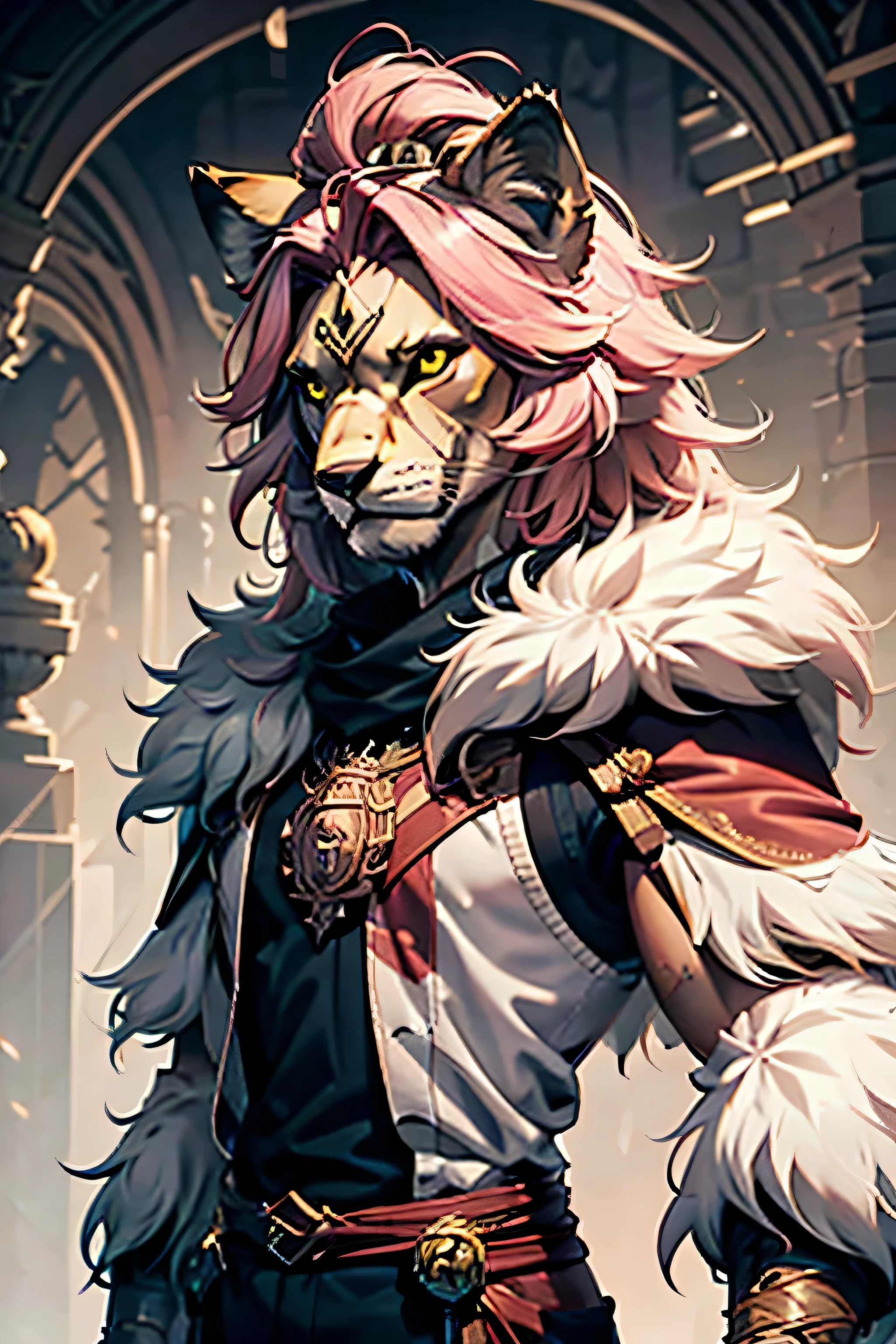 Draw an avatar,This is a front view of the Lion King,The hair is pink,Looks mighty and a little cute