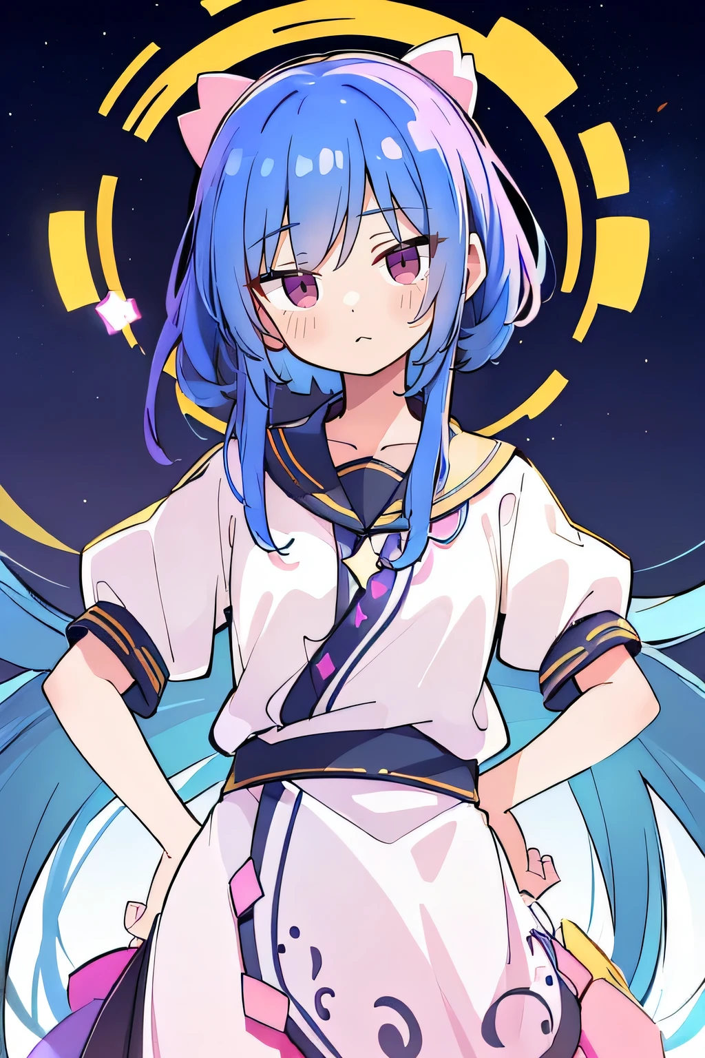(best quality,highres,masterpiece:1.2),ultra-detailed,(realistic:1.37), expressive eyes, perfect face, 1 girl, hands on waist, beautiful, glamorous, Japanese anime, girl, Lola, Chouno Angel, blue hair, floating clothes, waist grabbing, hands on hips, flat-chested, starry sky