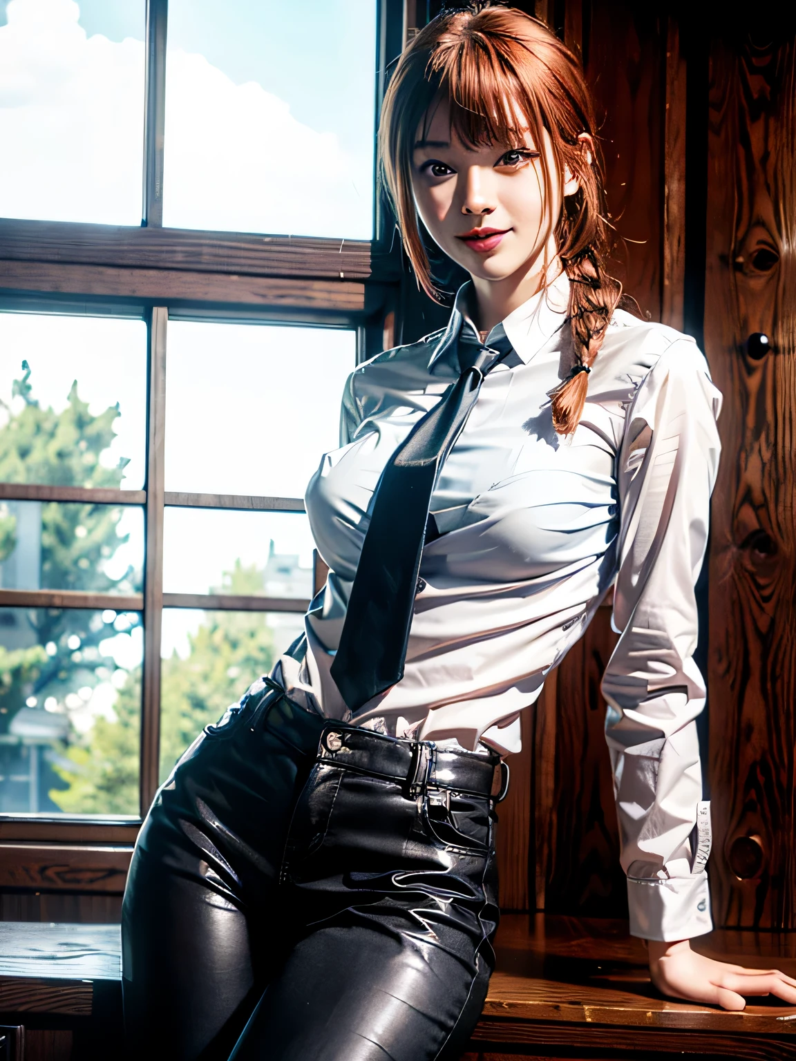 detailed shiny skin, (realism, fidelity: 1.4), beautiful girl, Are standing, looking out the window, white shirt, collared shirt, black tie, black pants, long sleeve, smile (nose is red), yellow eyes + Bear, short hair + redhead + long braids, hand \ (chainsaw man \), (nipple)