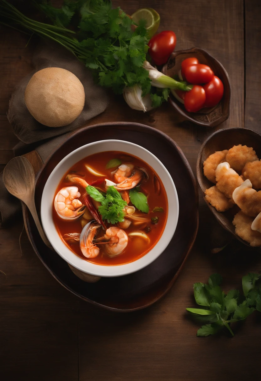 Tomyam seafood in bowl on wooden table