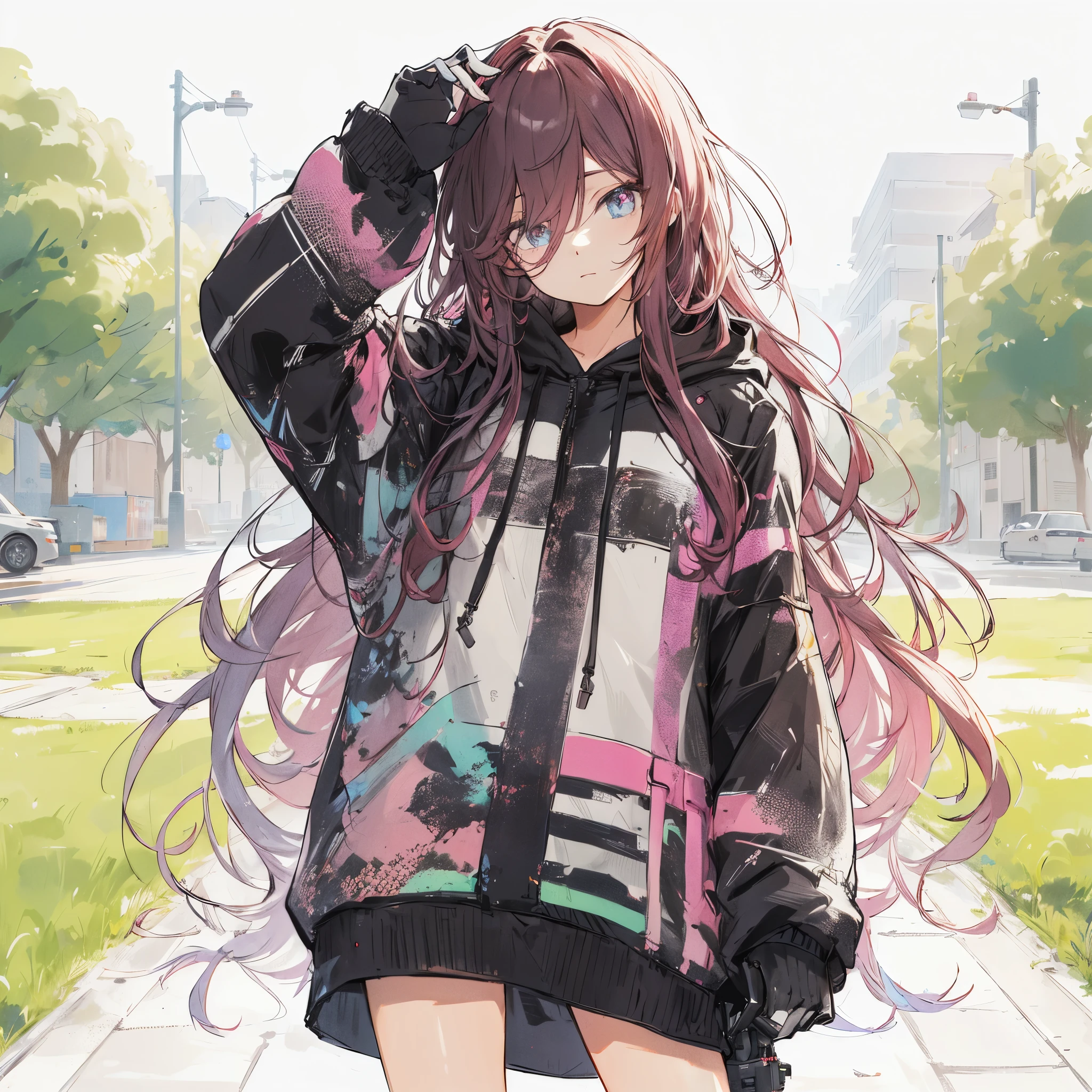 masterpiece, best quality, highres, aaroboco, android, long hair, gradient hair, mechanical arms, mechanical legs, hood, hood down, pink hoodie, long sleeves, gloves, standing, cowboy shot, street, detailed drawn beautiful eyes