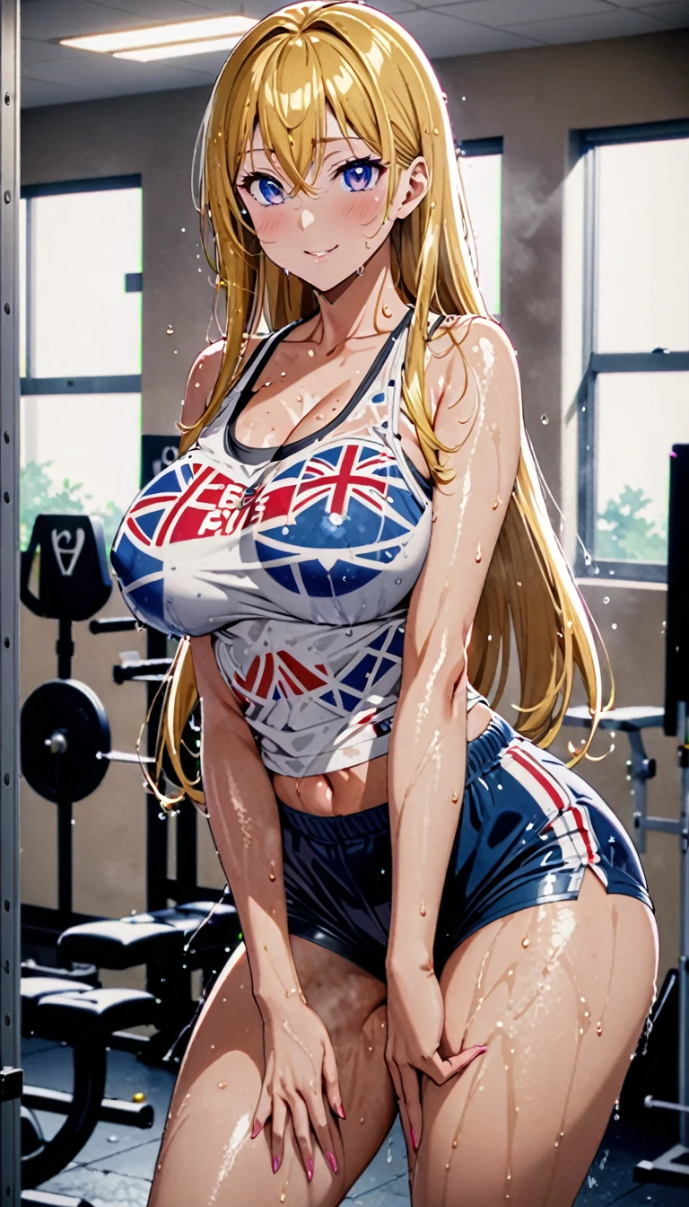 ((masterpiece)), ((high quality)), ((super detailed)), ((high resolution)) ,((8k)),a beautiful woman, ((She is one of the most famous actress in Japan.)), unparalleled beauty, ((large breast:1.6)), ((large ass)), ((deep cleavage)), slim waist, chest out, ultra detailed face, perfect skin, (((waist length hair, ((long straight golden hair)), crossed bangs))), blue eyes, detailed eyes, whole body image, sexy, an inviting smile, sensual, (((anime))), ((glamorous)), sexual attraction, 23 years old, ((incredibly beautiful woman)), ((The H cup bust)), ((((sexy pose)))), ((neat and clean.)) , (((Power Ranger))), heroine, (((Open-neck tank top, high leg shorts))), ((beautiful breasts)), beautiful legs, 8 life size, anime, the most beautiful and strongest, ((charm)), ((gravure pose)),((british beauty)), ((Grown-up face)), Training Room, wet,