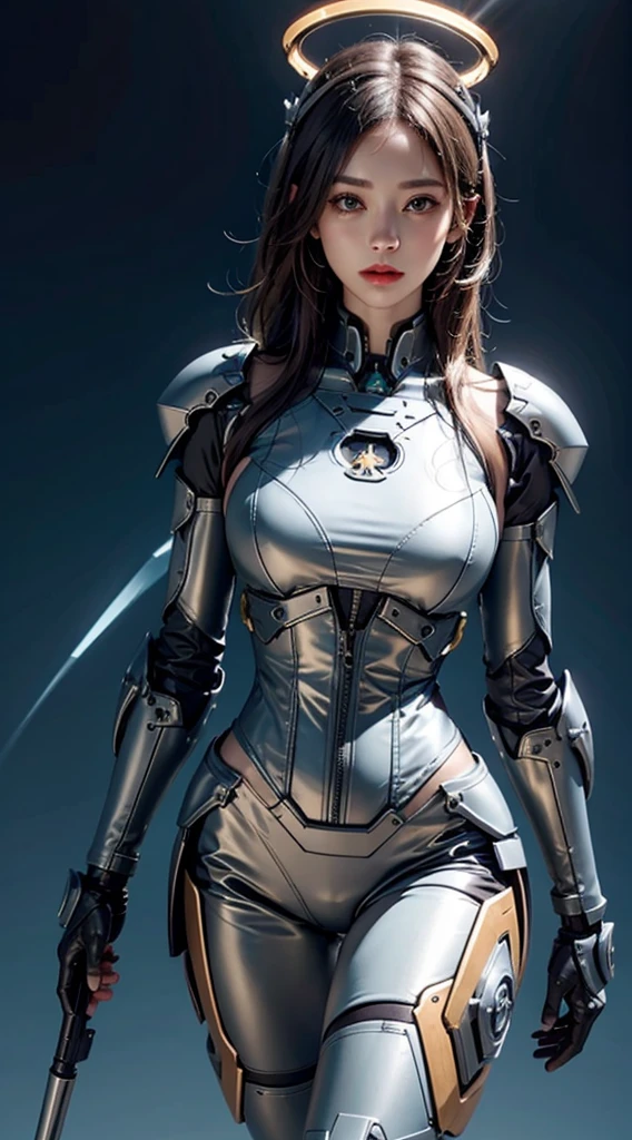 photorealistic, high resolution, 1women, mature female, solo, hips up, robot, mecha musume,mechanical parts, robot joints,single mechanical arm, headgear, mechanical halo,star halo,intricate mechanical bodysuit, mecha corset, full armor, white mecha body