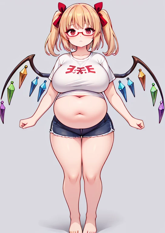 (masterpiece, best quality, highly detailed), 1girls, big belly, blurry background, huge belly, art by kipteitei, round belly, chubby, curvy, simple_background, gradient_background, belly bursting out of shirt, belly grab, enormous belly, fat belly, thicc, bigger belly, really big belly, jiggly belly, shirt covering belly, belly cover by shirt, glasses, ((maternity clothes)), thight shorts, barefoot, (mommy), sassy face, ((full body)), long hair, Flandre scarlet