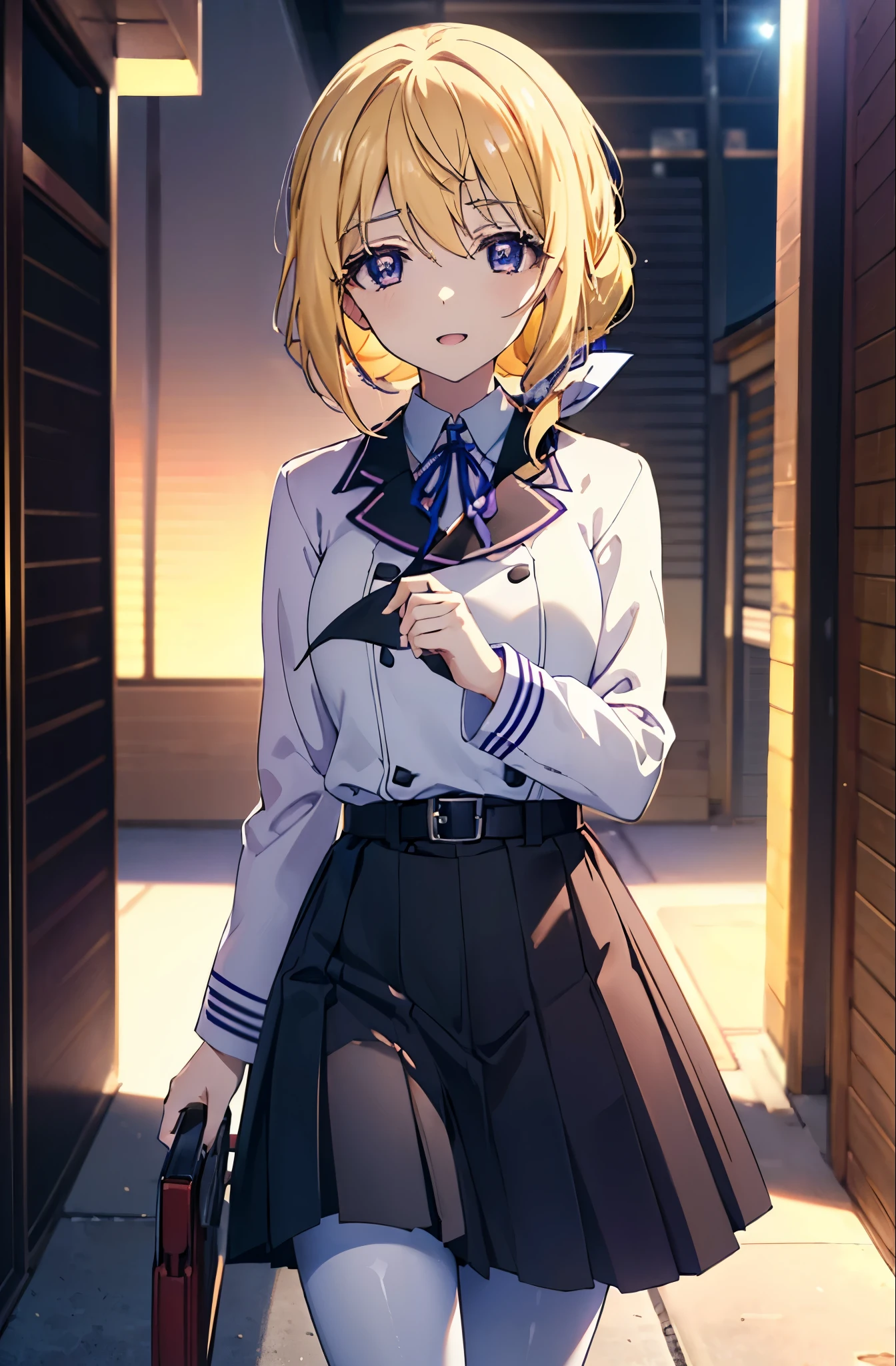 charlotte denois, Charlotte Dunois, long hair, blonde hair, ribbon, (purple eyes:1.1), ponytail,happy smile, smile, open your mouth, break , japanese high school girl uniform(black sailor suit),black pleated skirt,white pantyhose,brown loafers,walk,sunset,evening,the sun goes down, break putdoors, city,building street, break looking at viewer, (cowboy shot:1.5), break (masterpiece:1.2), highest quality, High resolution, unity 8k wallpaper, (shape:0.8), (fine and beautiful eyes:1.6), highly detailed face, perfect lighting, Very detailed CG, (perfect hands, perfect anatomy),