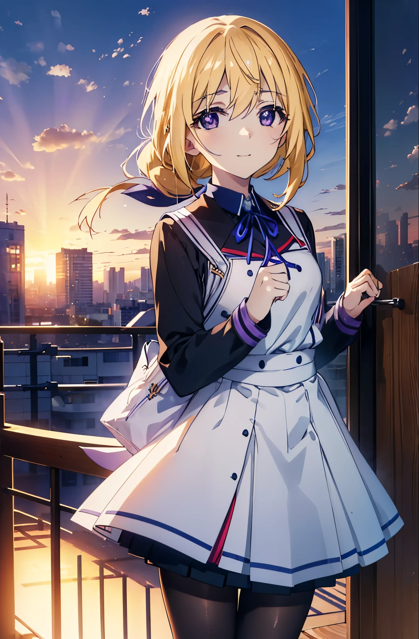 charlotte denois, Charlotte Dunois, long hair, blonde hair, ribbon, (purple eyes:1.1), ponytail,happy smile, smile, open your mouth, break , japanese high school girl uniform(black sailor suit),black pleated skirt,white pantyhose,brown loafers,walk,sunset,evening,the sun goes down, break putdoors, city,building street, break looking at viewer, (cowboy shot:1.5), break (masterpiece:1.2), highest quality, High resolution, unity 8k wallpaper, (shape:0.8), (fine and beautiful eyes:1.6), highly detailed face, perfect lighting, Very detailed CG, (perfect hands, perfect anatomy),
