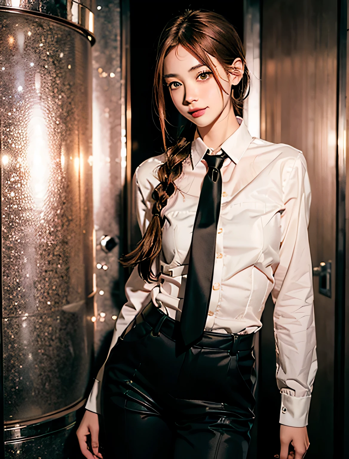 detailed shiny skin, (realistic, photo-realistic:1.4), pretty girl, Are standing, looking out the window, white shirt, collared shirt, black tie, black pants, long sleeve, slight smile (blush your nose), yellow eyes + ring-shaped eyes, short hair + redhead + long braided hair, hand \(chainsaw man\)