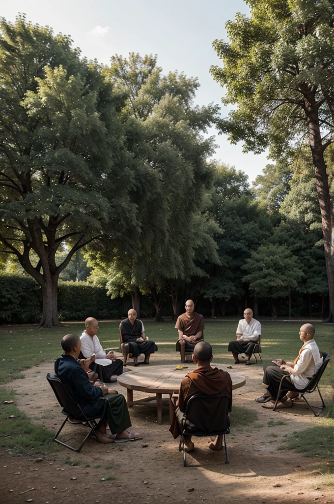 in the open space full with trees.
there are many chairs devided in two groups.
first group set as a circle with 9 chairs.
second group set as 10 theatre chairs in the southern of the circle.
On this gathering, fulled with theravada monks, scholars, elders, women, youth