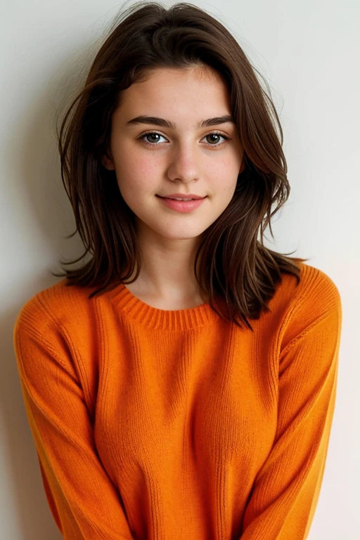 16 year old German girl with short dark brown hair, blauen Augen, and medium breasts is wearing a long orange sweater