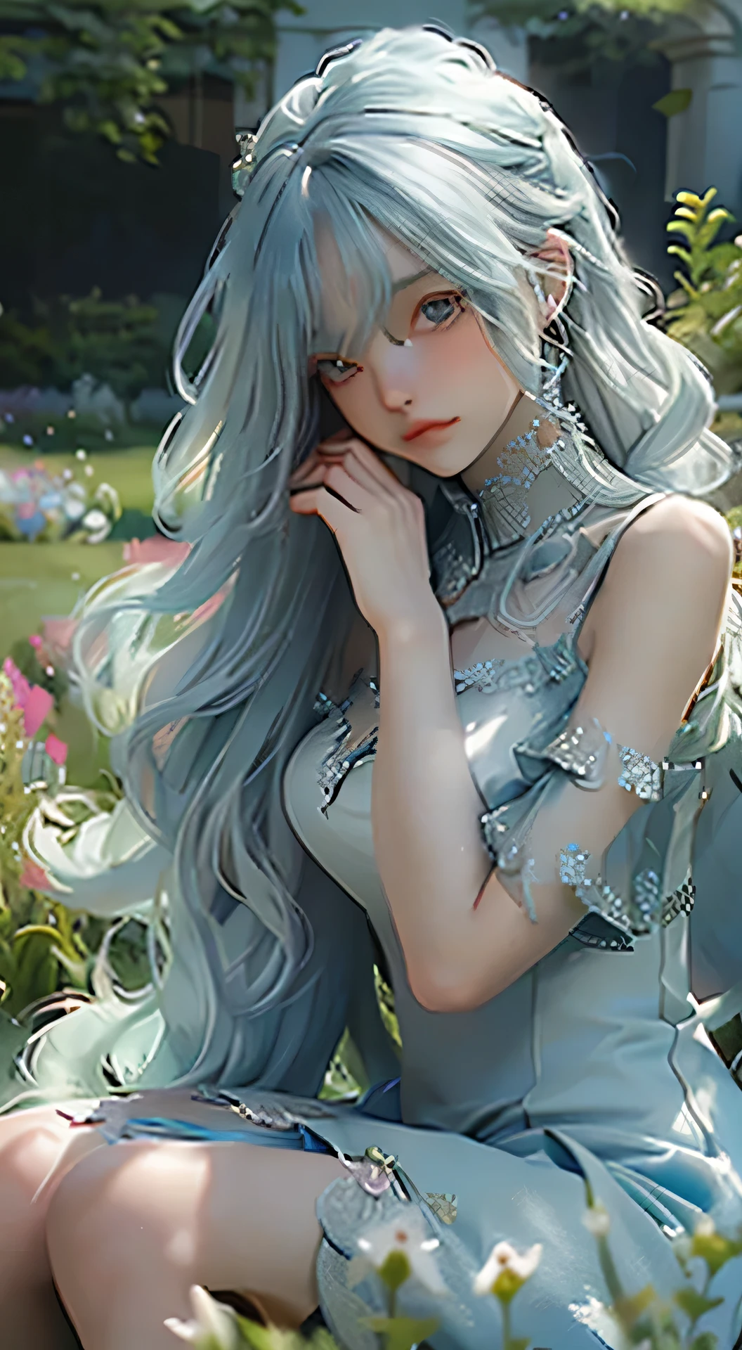 (masterpiece, best quality),1 girl with long light blue hair sitting in a field of green plants and flowers, She put her hand under her chin,The upper body is leaning forward and the lower body is behind, warm light,Off the shoulders,Pure white tutu dress with spaghetti straps,Wearing a black tight top underneath, Blurred foreground