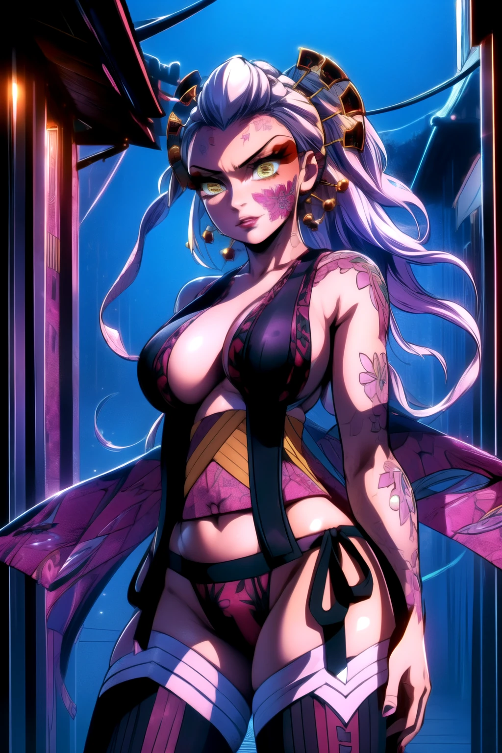 (best quality:1.2), 1girl, (masterpiece:1.2), raytracing, cute face, perfect face, ultra detailed,detailed face, 8k wallpaper, wide hips, DakiDM_NDV, 1girl, demon eyes, yellow eyes, white hair, japanese clothes, hair ornament, facial mark, thighhighs, makeup, side-tie panties, sideboob,cowboy shot,background old town ,night time ,moon,purple light,show tits