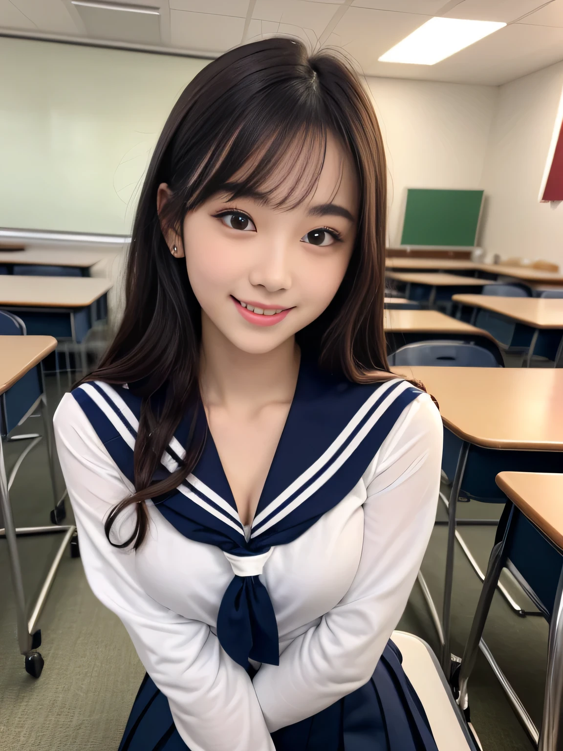 8K, highest quality, real image, intricate details, Super detailed, ultra high resolution, depth field,(realistic,realistic:1.2), (small breasts:1.2), japanese girl, very beautiful 17 year old girl, (beautiful breasts:1.5, highly detailed eyes:1.2), (beautiful breasts:1.1), bangs, perfect skin, Fair skin, tight waist, looking at the viewer, black hair, hair behind the ear, shoulder hair, long hair, no makeup、in a high school classroom, During class, (smile:1.2), (high school sailor suit:1.2), (navy pleated skirt:1.2), Sit next to the viewer