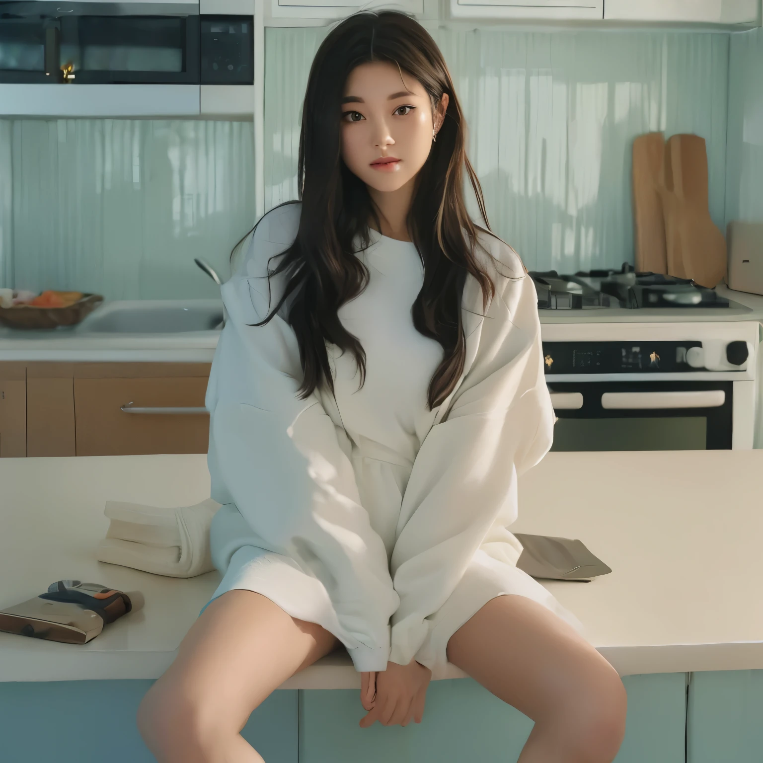 araffed asian woman sitting on counter in kitchen with white shirt, ulzzang, korean girl, jaeyeon nam, smooth white tight clothes suit, 2 4 year old female model, 19-year-old girl, in white clothes, guweiz, trending on cgstation, jinyoung shin, gongbi, young wan angel, sakimichan