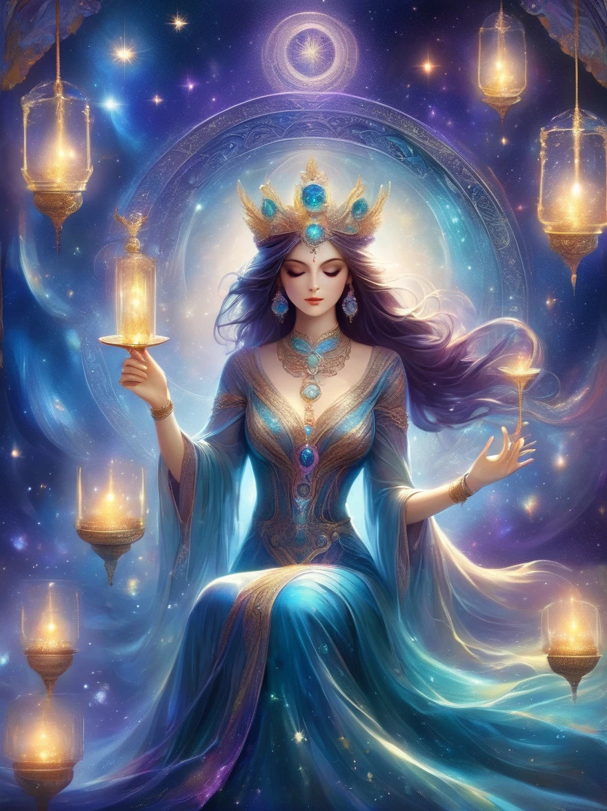 (tarot card:1.6), Envision a mystical tarot card floating amidst a cosmic backdrop of twinkling stars and swirling galaxies. The card is the 'The High Priestess,' represented by a regal figure sitting between two pillars, a crescent moon at her feet and a tapestry of pomegranates behind her. She holds an ancient scroll and her eyes are filled with the wisdom of the ages. Around her, ethereal forms and symbols emerge, such as an owl for wisdom, a crown for authority, and a veil for mystery. The colors are vibrant yet possess a dreamlike quality, with deep blues, purples, and silvers that shimmer against the cosmic void. The image evokes a sense of deep intuition and the unknowable secrets of the universe.