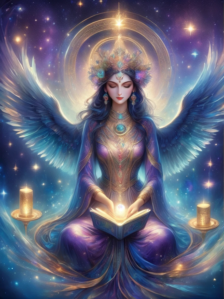 (tarot card:1.6), Envision a mystical tarot card floating amidst a cosmic backdrop of twinkling stars and swirling galaxies. The card is the 'The High Priestess,' represented by a regal figure sitting between two pillars, a crescent moon at her feet and a tapestry of pomegranates behind her. She holds an ancient scroll and her eyes are filled with the wisdom of the ages. Around her, ethereal forms and symbols emerge, such as an owl for wisdom, a crown for authority, and a veil for mystery. The colors are vibrant yet possess a dreamlike quality, with deep blues, purples, and silvers that shimmer against the cosmic void. The image evokes a sense of deep intuition and the unknowable secrets of the universe.