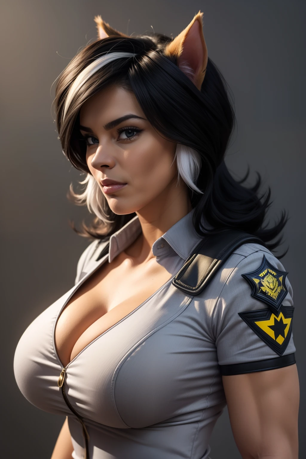 (masterpiece, realistic:1.3), (high quality, detailed:1.3), (huge breasts:1.2), (muscular female:0.8), (catgirl, anthro:1.4), (grey collared shirt, police uniform:1.2), (cleavage), (portrait, upper body, blank background:1.1), felinaferal, black hair, (white hair:0.8), two-tone hair, long hair