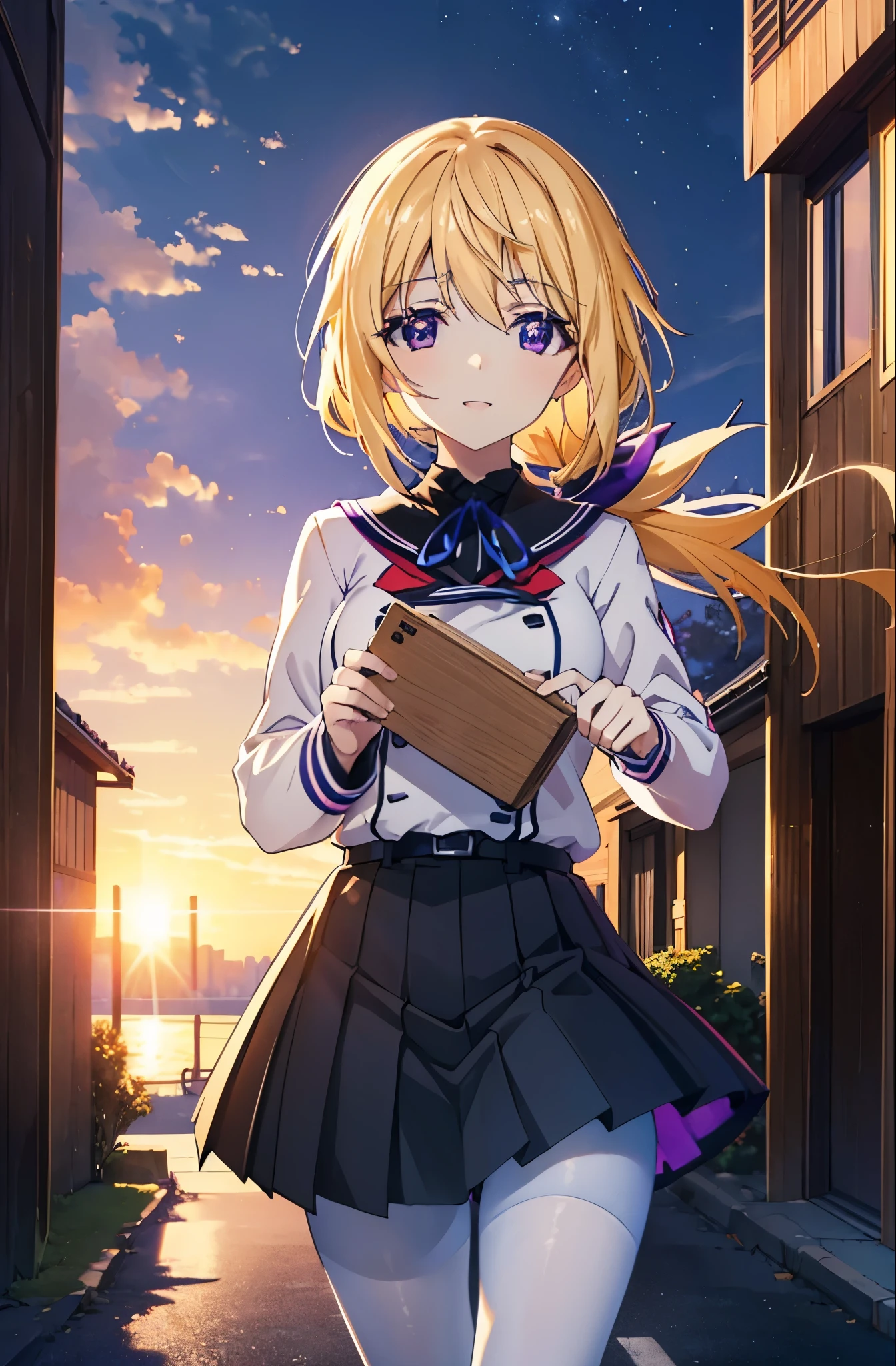 charlotte denois, Charlotte Dunois, long hair, blonde hair, ribbon, (purple eyes:1.1), ponytail,happy smile, smile, open your mouth, break , japanese high school girl uniform(black sailor suit),black pleated skirt,white pantyhose,brown loafers,walk,sunset,evening,the sun goes down, break putdoors, city,building street, break looking at viewer, (cowboy shot:1.5), break (masterpiece:1.2), highest quality, High resolution, unity 8k wallpaper, (shape:0.8), (fine and beautiful eyes:1.6), highly detailed face, perfect lighting, Very detailed CG, (perfect hands, perfect anatomy),