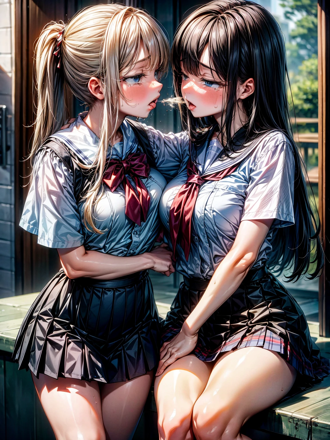 (masterpiece, highest quality:1.2)、(NSFW)、two girls、(kiss)、(high school uniform)、(eyes half closed)、(large tears)、(lots of drool)、The body shakes violently、((Hasselblad Photos))、[:(detailed face:1.2):0.2]、