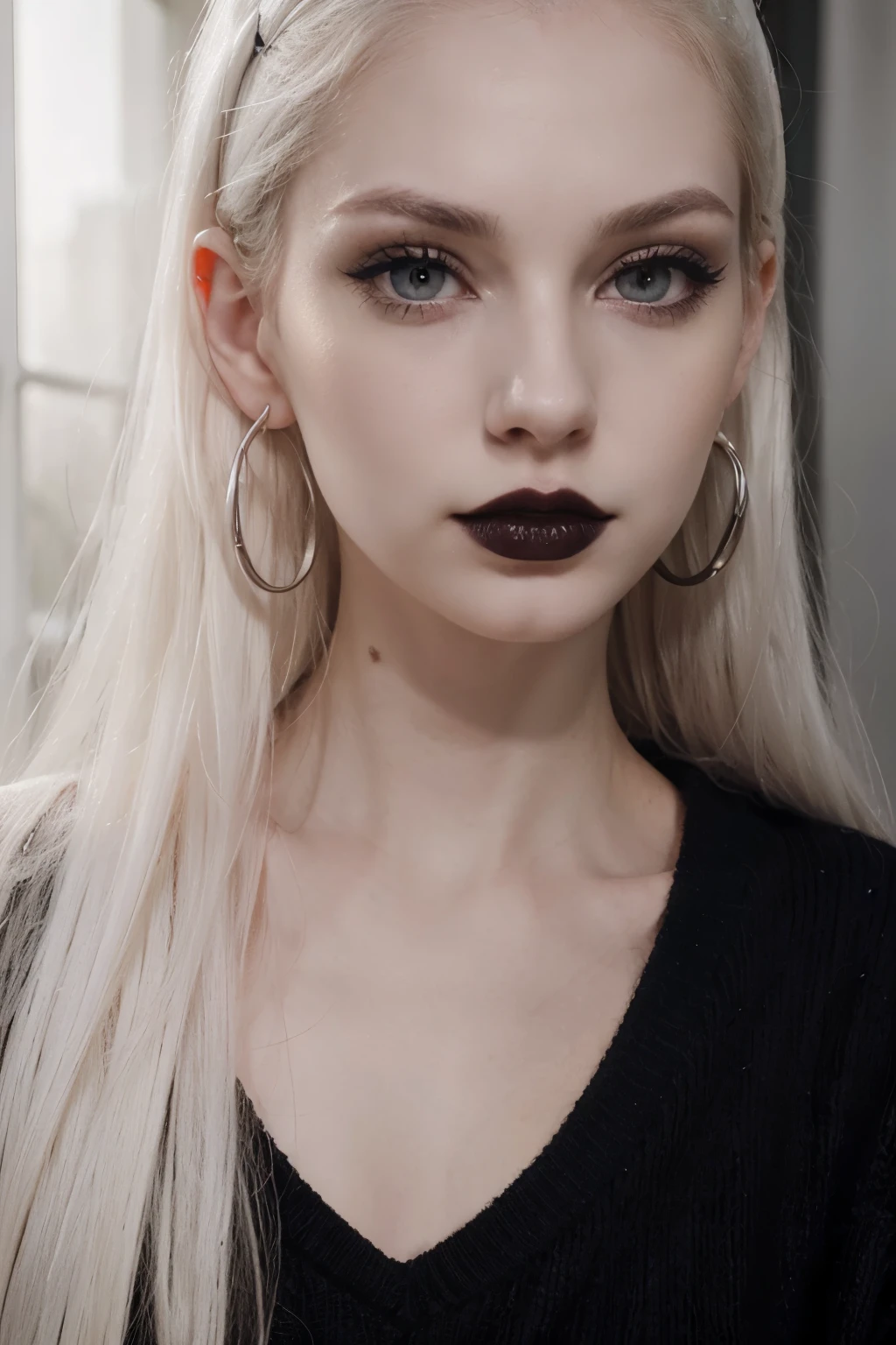 a close up of a person with a nose piercing and a black sweater, a character portrait inspired by Louis Le Nain, reddit, lowbrow, extremely pale white skin, septum piercing, piercing stare, pale skin and dark eyes, very pale white skin, very very pale white skin, sexy face with full makeup, goth girl aesthetic, half red, heavy makeupa close up of a person with a nose piercing and a black sweater, extremely pale white skin, septum piercing, piercing stare, pale skin and dark eyes, very pale white skin, very very pale white skin, sexy face with full makeup, goth girl aesthetic, half red, heavy makeup, big two toned eyes, red and black tones looking right at camera,