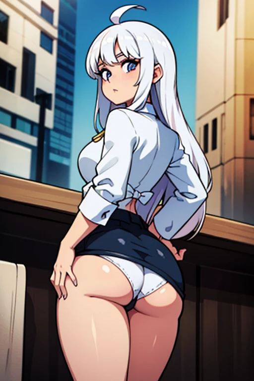 una chica con cabello largo color blanco con ropa apretada, con gluteos grandes y pechos grandes