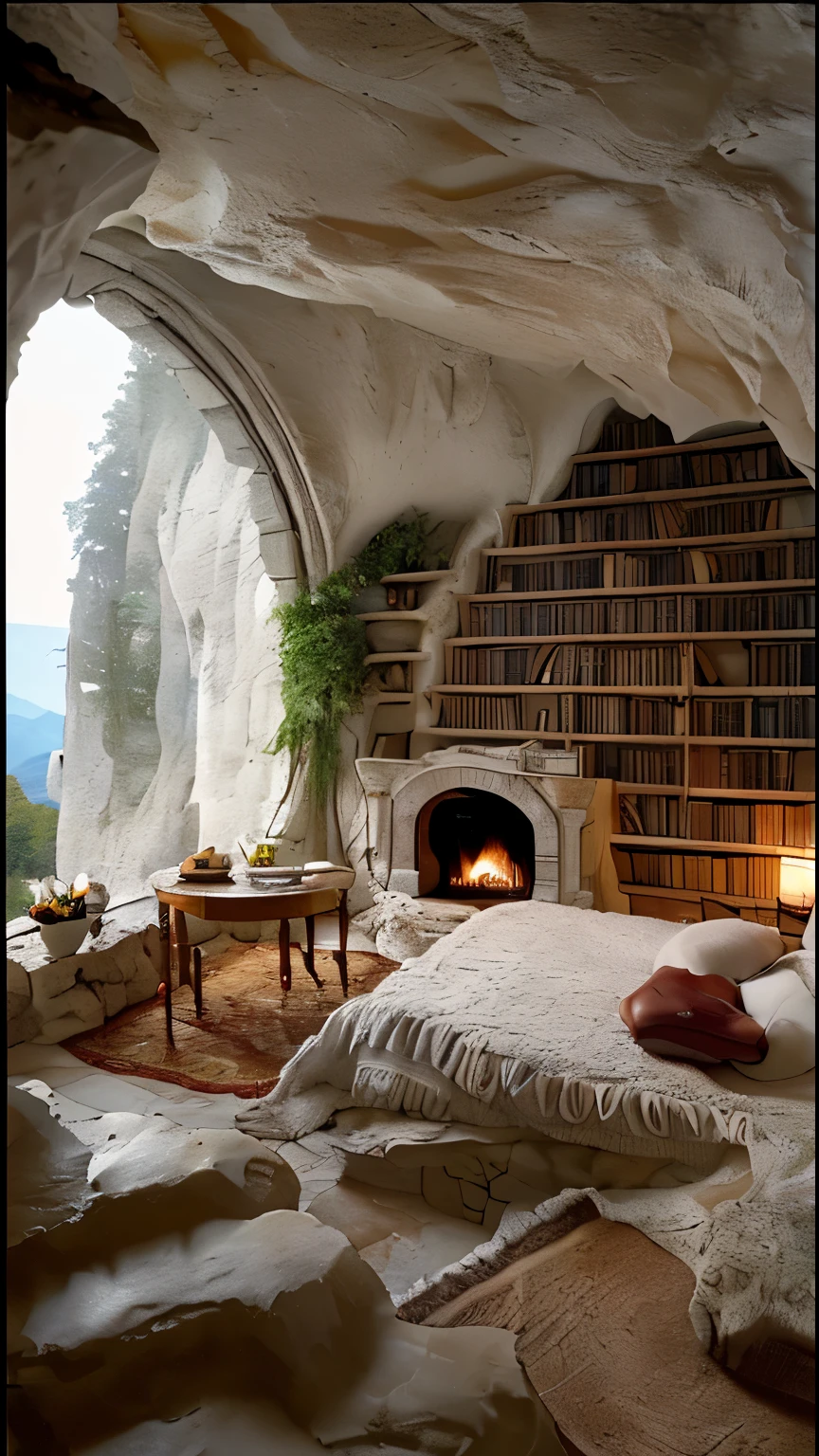 indoor in natural cave,smooth milky white rock walls,traditional style bed,roaring fireplace,ornately carved bookshelves filled with ancient books,creamy limestone steps, small round tables, and flower pots,fruit and bread on the small round table,wool blankets on the bed,large windows