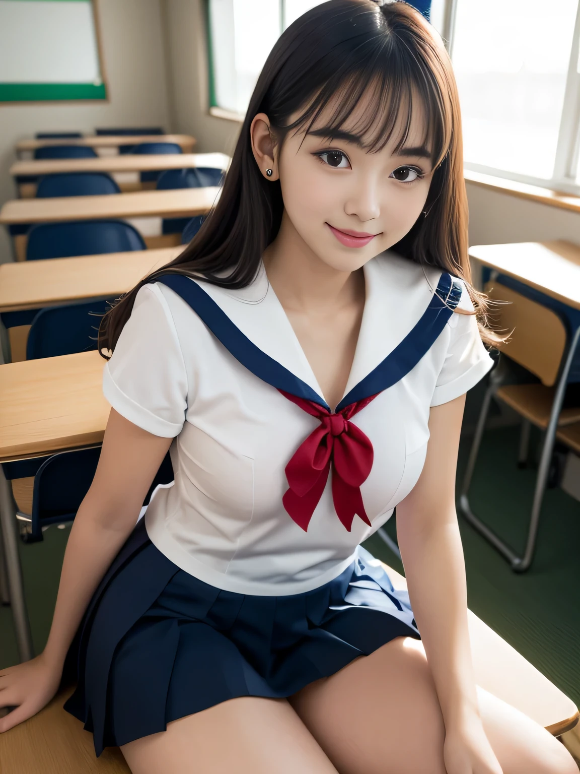 8K, highest quality, real image, intricate details, Super detailed, ultra high resolution, depth field,(realistic,realistic:1.2), (small breasts:1.2), japanese girl, very beautiful girl, (beautiful breasts:1.5, highly detailed eyes:1.2), (beautiful breasts:1.1), bangs, perfect skin, Fair skin, tight waist, looking at the viewer, black hair, hair behind the ear, shoulder hair, long hair, no makeup、in a high school classroom, During class, (gentle smile:1.2), (high school sailor suit:1.2), (navy pleated skirt:1.2), Sit next to the viewer
