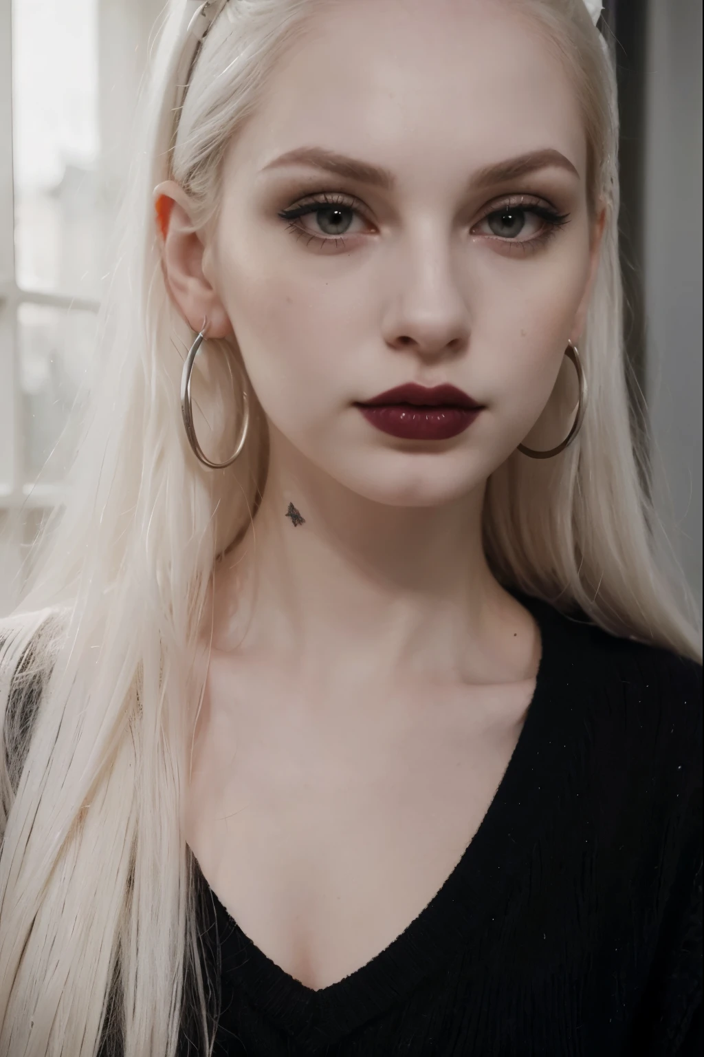 a close up of a person with a nose piercing and a black sweater, a character portrait inspired by Louis Le Nain, reddit, lowbrow, extremely pale white skin, septum piercing, piercing stare, pale skin and dark eyes, very pale white skin, very very pale white skin, sexy face with full makeup, goth girl aesthetic, half red, heavy makeupa close up of a person with a nose piercing and a black sweater, extremely pale white skin, septum piercing, piercing stare, pale skin and dark eyes, very pale white skin, very very pale white skin, sexy face with full makeup, goth girl aesthetic, half red, heavy makeup, big two toned eyes, red and black tones looking right at camera,