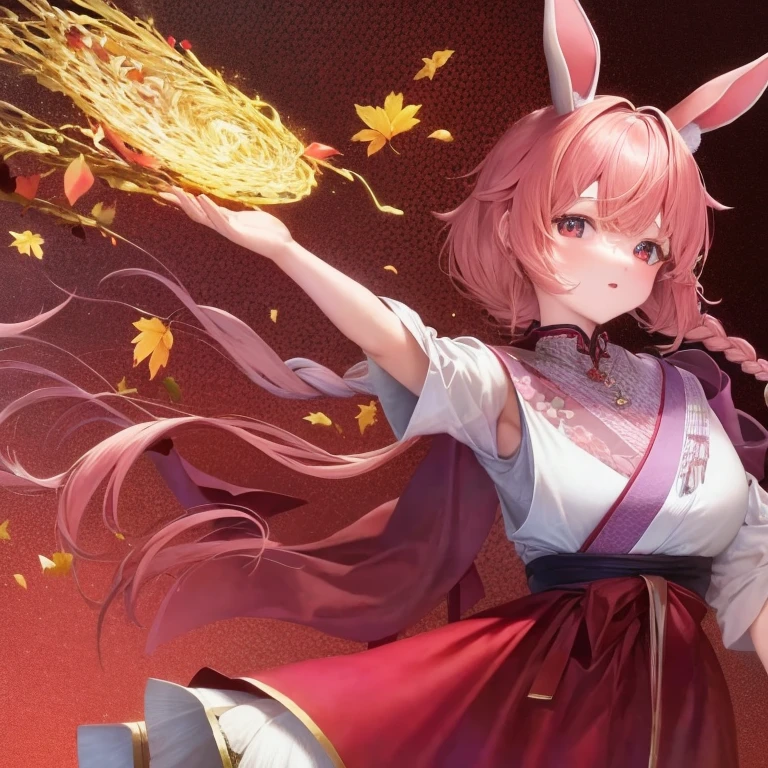 masterpiece, highest quality, (Highly detailed CG unit 8k wallpaper) (highest quality), (best illustrations), (best shadow) A beautiful girl wearing rabbit ears under a cherry tree with falling cherry blossom petals, a twin-tailed braided hairstyle, pink hair color, two-dimensional red eyes, wearing a Taisho romantic hakama.　The hakama is a skirt-like pant worn with a kimono the skirt is dark purple red and white checked kimono alone