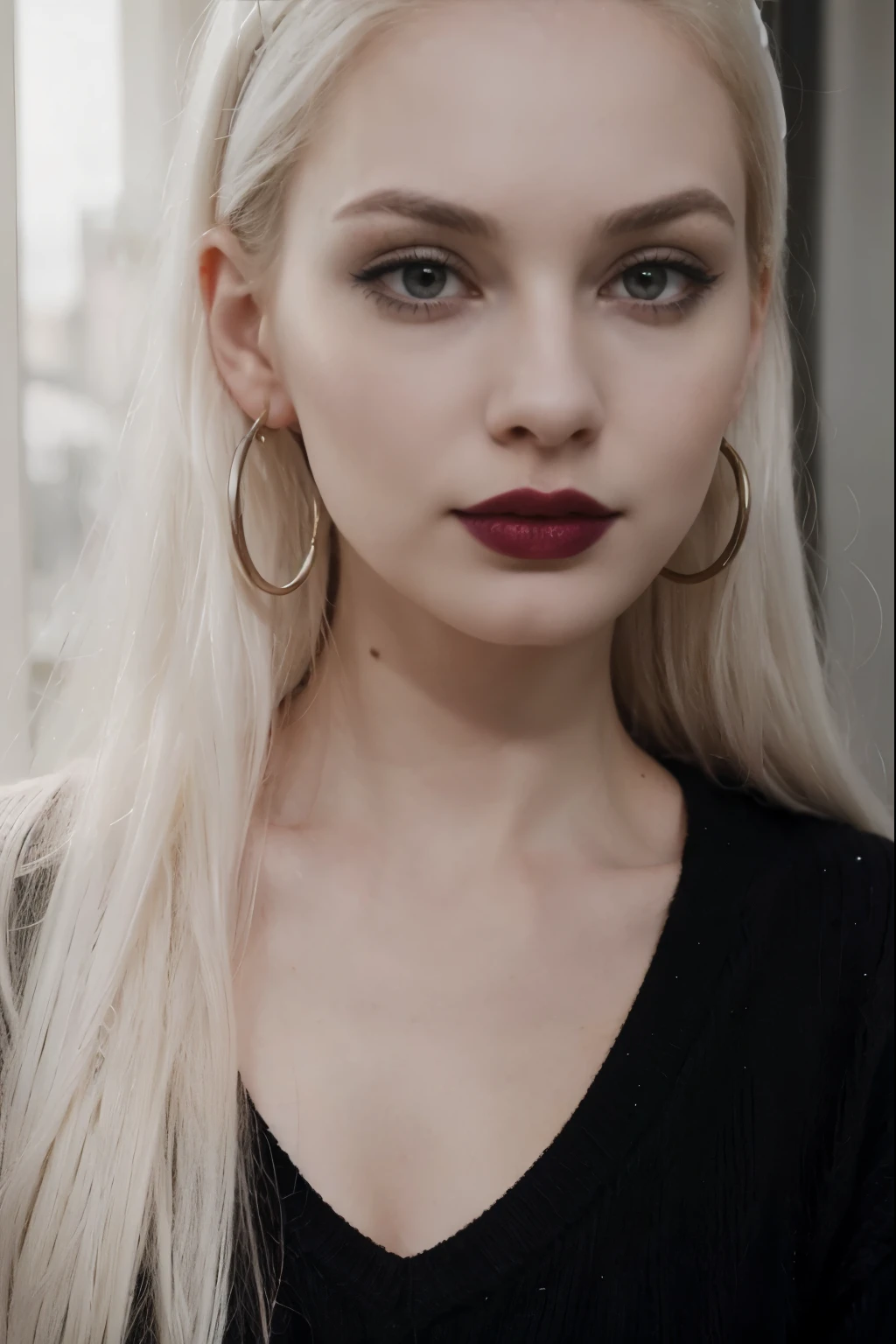 a close up of a person with a nose piercing and a black sweater, a character portrait inspired by Louis Le Nain, reddit, lowbrow, extremely pale white skin, septum piercing, piercing stare, pale skin and dark eyes, very pale white skin, very very pale white skin, sexy face with full makeup, goth girl aesthetic, half red, heavy makeupa close up of a person with a nose piercing and a black sweater, extremely pale white skin, septum piercing, piercing stare, pale skin and dark eyes, very pale white skin, very very pale white skin, sexy face with full makeup, goth girl aesthetic, half red, heavy makeup, big two toned eyes, red and black tones looking right at camera,