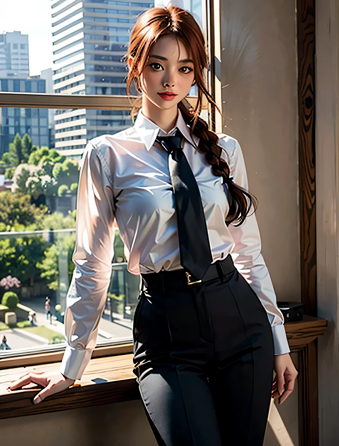 detailed shiny skin, (realistic, photo-realistic:1.4), pretty girl, Are standing, looking out the window, white shirt, collared shirt, black tie, black pants, long sleeve, slight smile (blush your nose), yellow eyes + ring-shaped eyes, short hair + redhead + long braided hair, hand \(chainsaw man\)