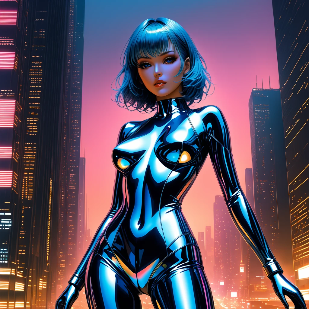 by Christopher Bucklow, (by Boris Vallejo:1.2), 1girl, sexy lingerie, (cyber body skin texture:1.2), movie shot, chrome skin, dystopian city, hajime sorayama style, messy hair, ultra detailed, hazy background, color palette, rim lighting, faded colors, low contrast