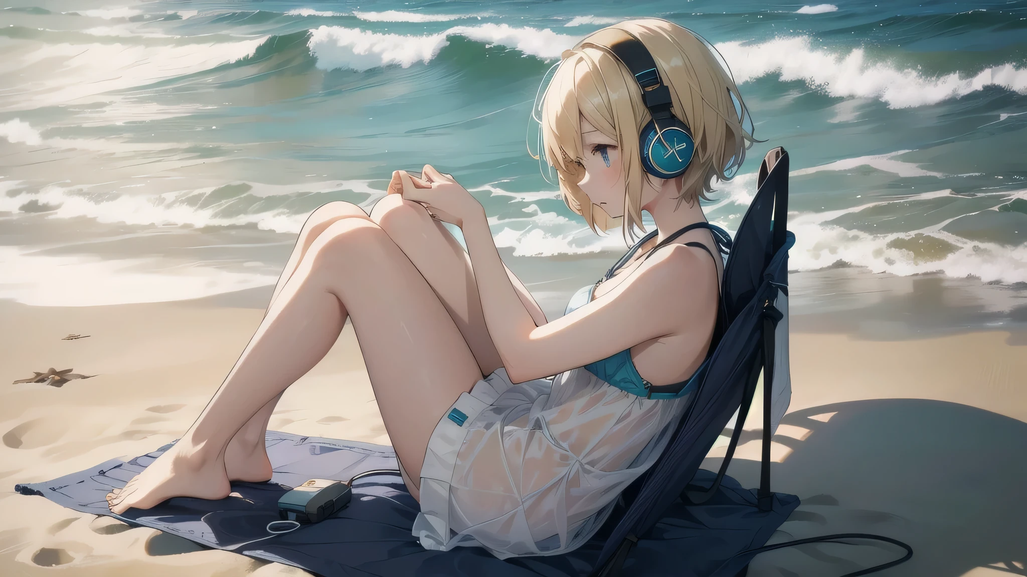 In the tranquil scene of a quiet beach, a girl with blonde short hair is immersed in the soothing melody of the sea. She wears cute headphones, the earbuds nestled gently in her ears, a contented expression gracing her delicate face. The sun casts a warm glow over her slender frame, her arms wrapped around her knees as she sits on the edge of the sand, toes digging into the cool, moist sand. The gentle sound of waves crashing against the shore mingles with the mellow tunes, creating a peaceful symphony that seems to lull the world around her. The background is subtly blurred, allowing the focus to remain on the girl